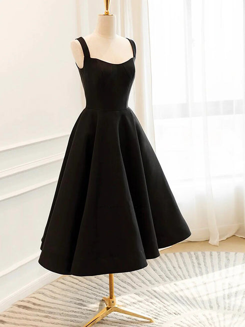 Black Satin Tea Length Straps Homecoming Dress, Simple Black Satin Prom Dress